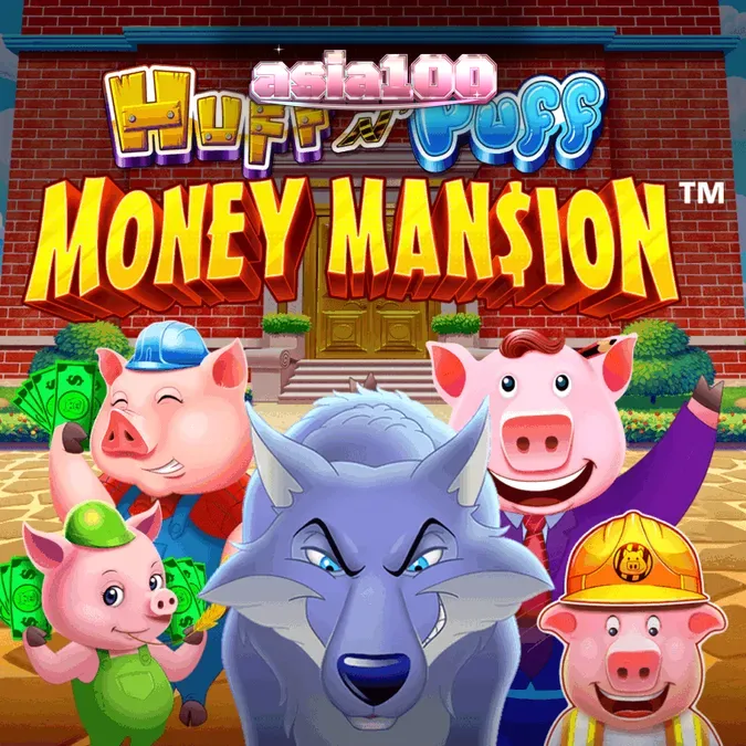 Tampilan visual slot Huff N Puff Money Mansion dengan karakter babi dan elemen konstruksi.